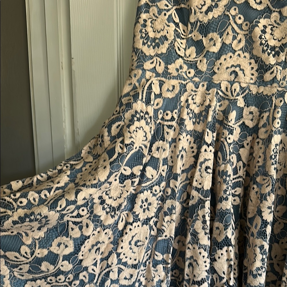 Eliza J Blue and Cream Pleated Fit and Flare Dress - Picture 7 of 8